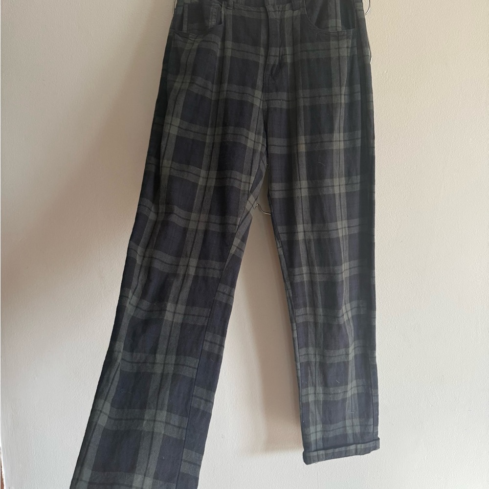 Brandy Melville Plaid Straight Leg Pants - Black and Dark Green